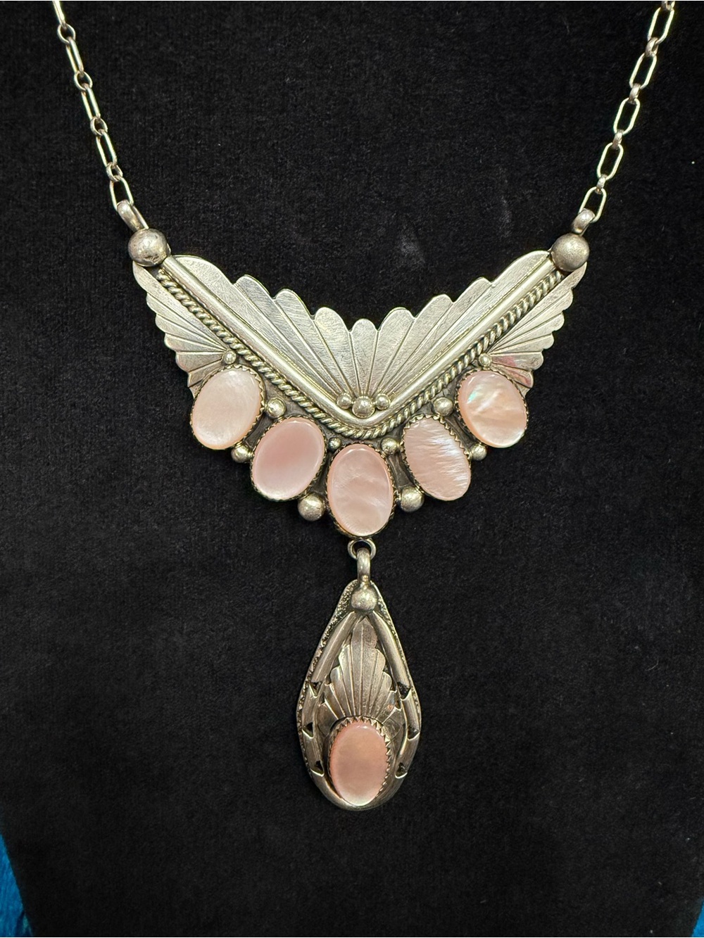 Sterling-Silver Mother of Pearl Statement Necklace Earring set.